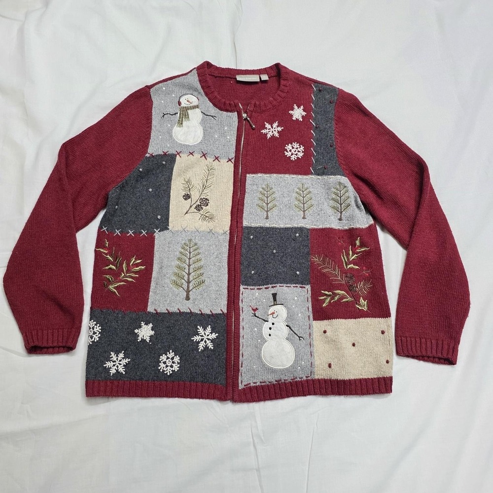 Croft & Barrow Cardigan Zip Sweater Womens Plus 1X Red Holiday Winter Snowman